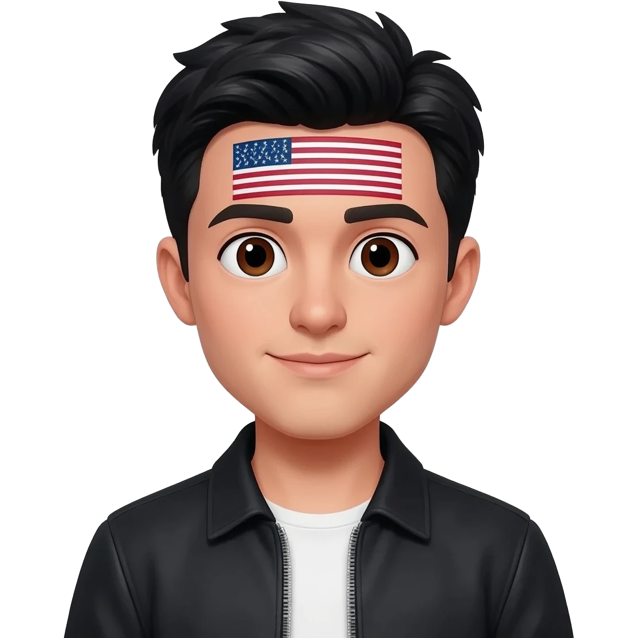 лицо молодого парня с черными волосами и карими глазами с американским флагом на лбу в черной кофте и добрым взглядом emoji