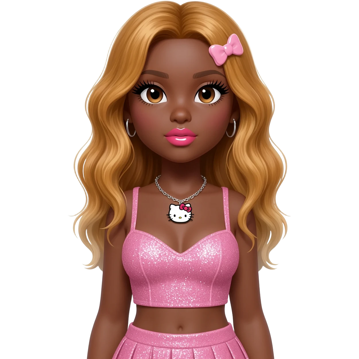 heart shaped lips, cute glossy lips, doll eyes with long lashes, dark brown skin, honey blonde hair, big chest, hello kitty necklace, one bow clip, bimbocore outfit emoji