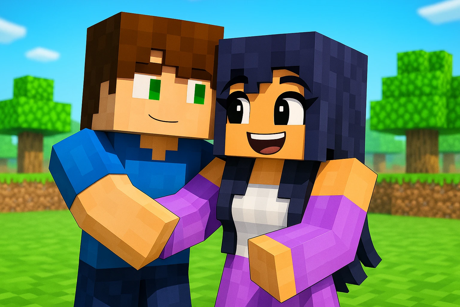 Combine two Minecraft-style characters into one image as a couple, standing close together, looking happy and affectionate, in a bright Minecraft world background, matching the original Minecraft pixelated blocky style. emoji
