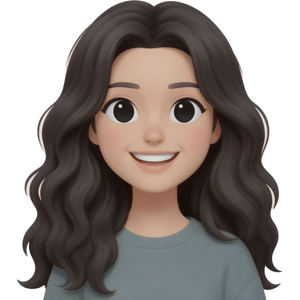 chica con pelo negro largo ondulado, piel clara y pálida y ojos negros con ropa casual sonriente emoji