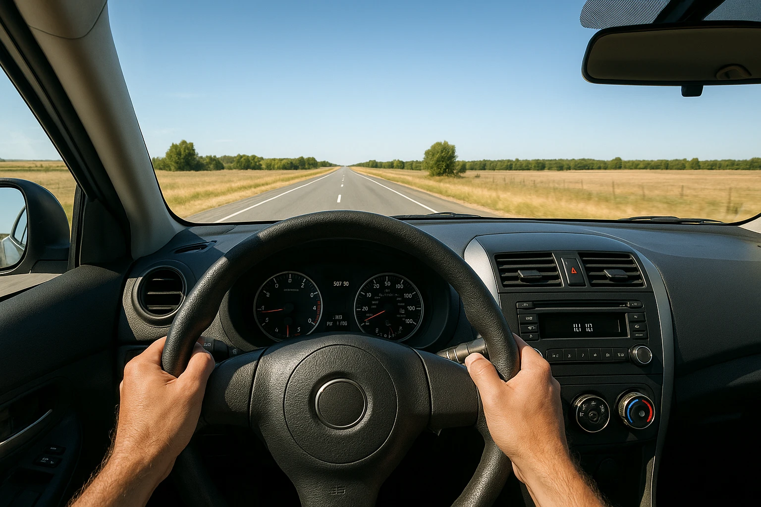 POV from driver’s seat, hands on steering wheel, open road ahead, car interior details emoji
