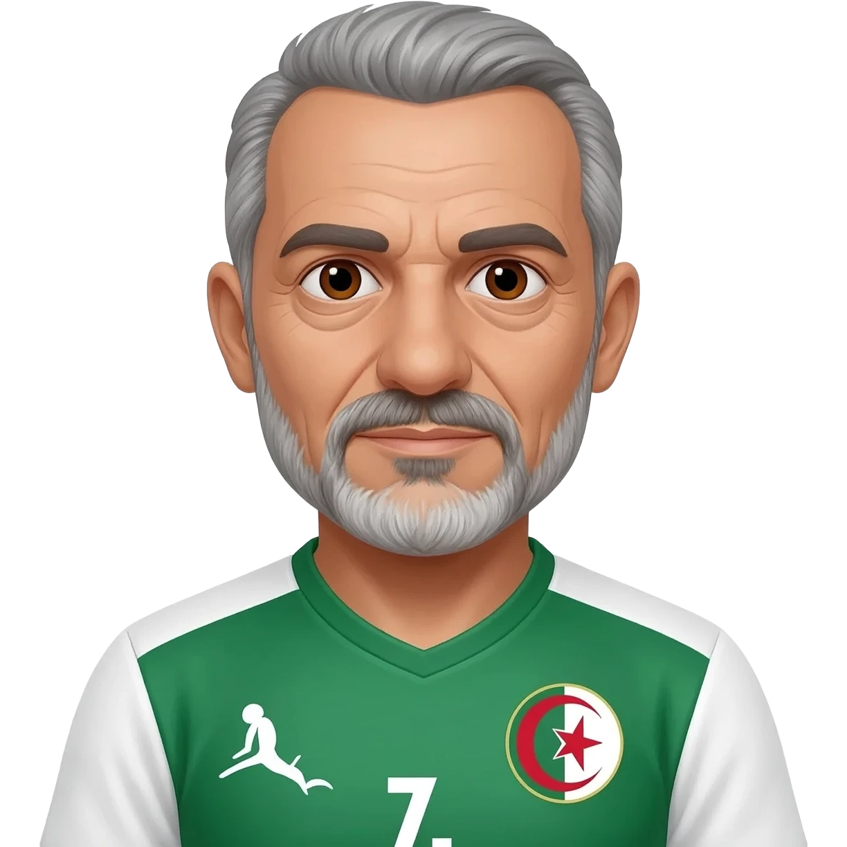 homme algérien peau claire yeux marrons 67 ans cheveux gris avec barbe légèrement grisonnant avec maillot blanc et vert foot Algérie emoji