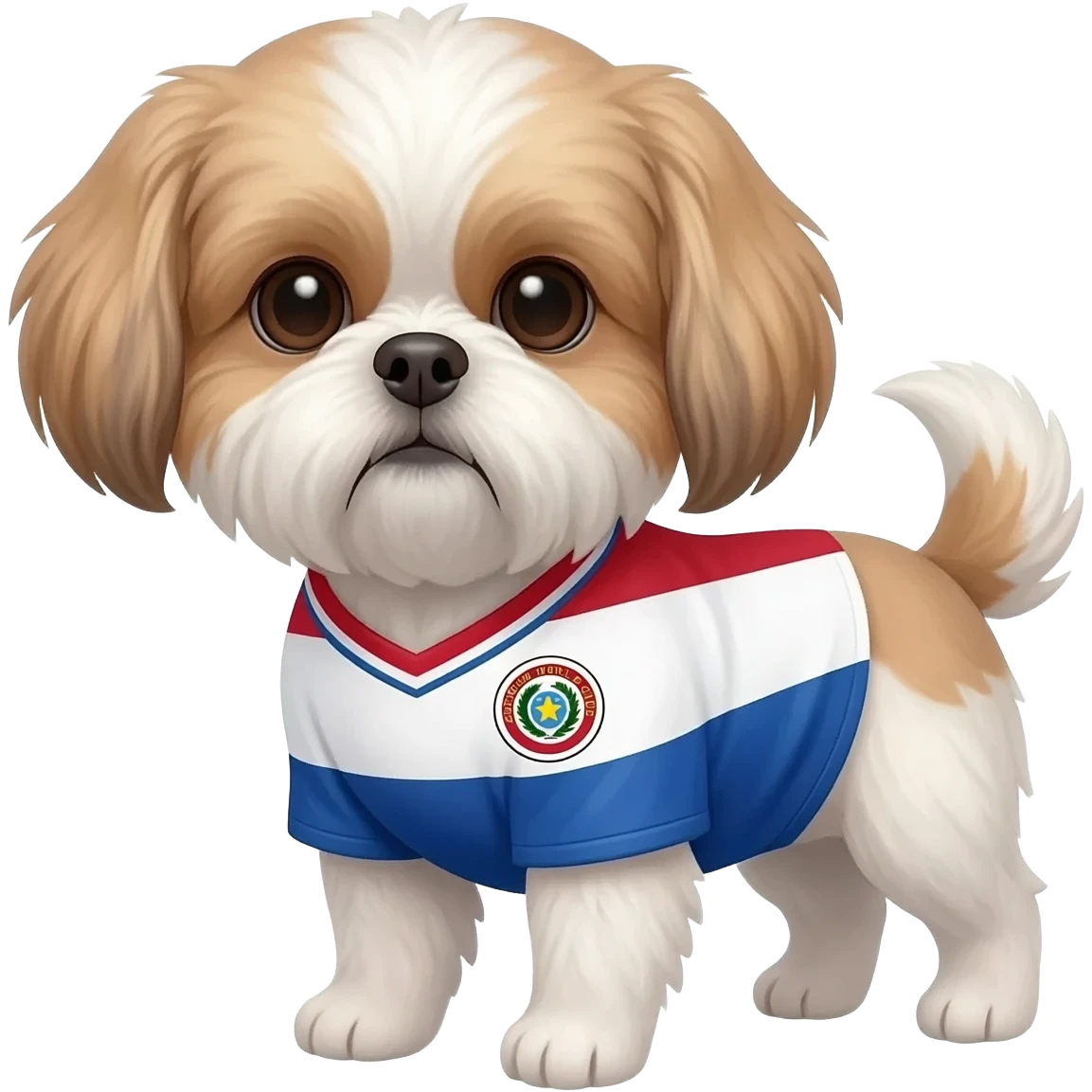 white and light brown shih zhu wearing a Paraguay soccer jersey v neck 2026 work cup emoji