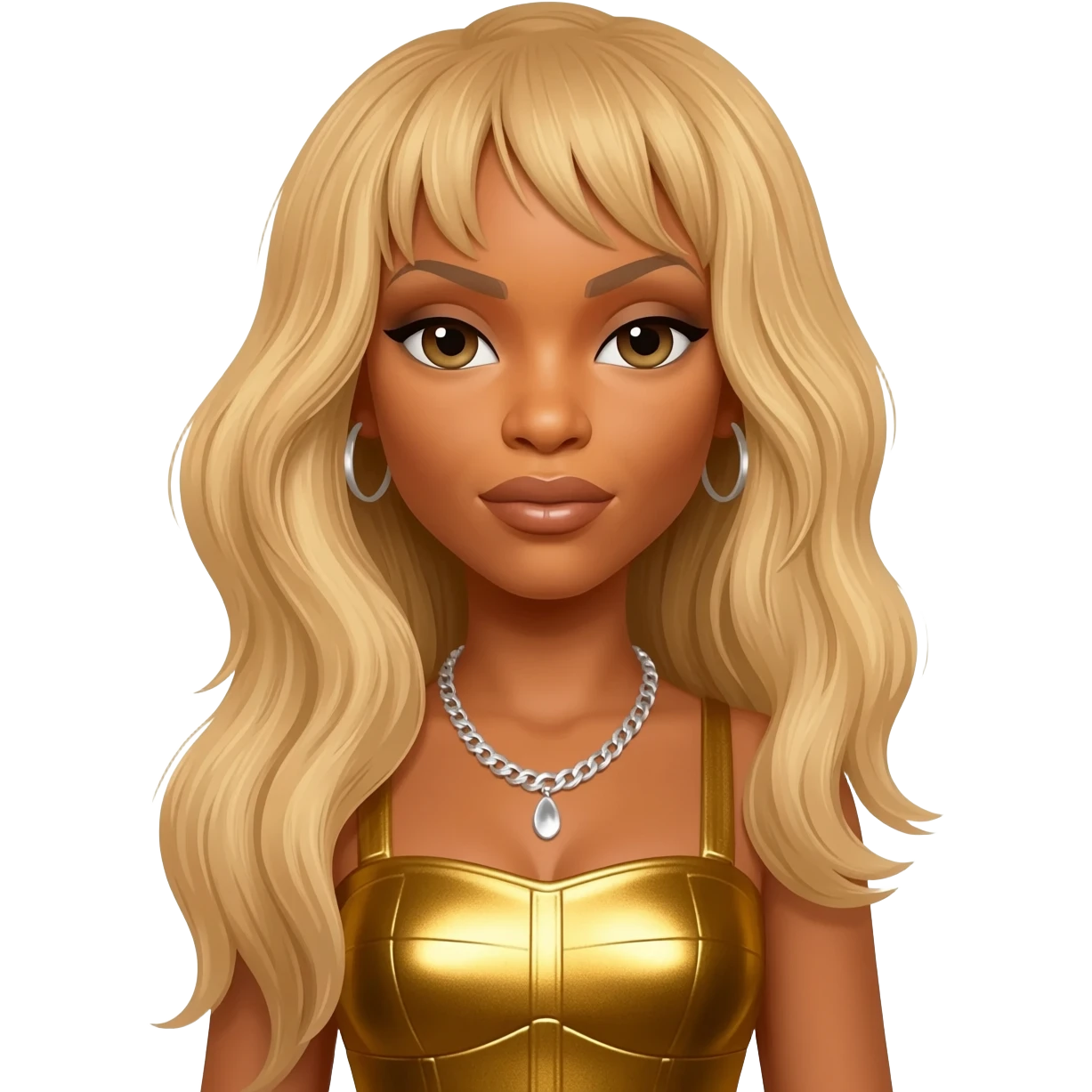 Beyonce from Destiny's Child with long blonde hair, gold metallic dress, silver necklace emoji