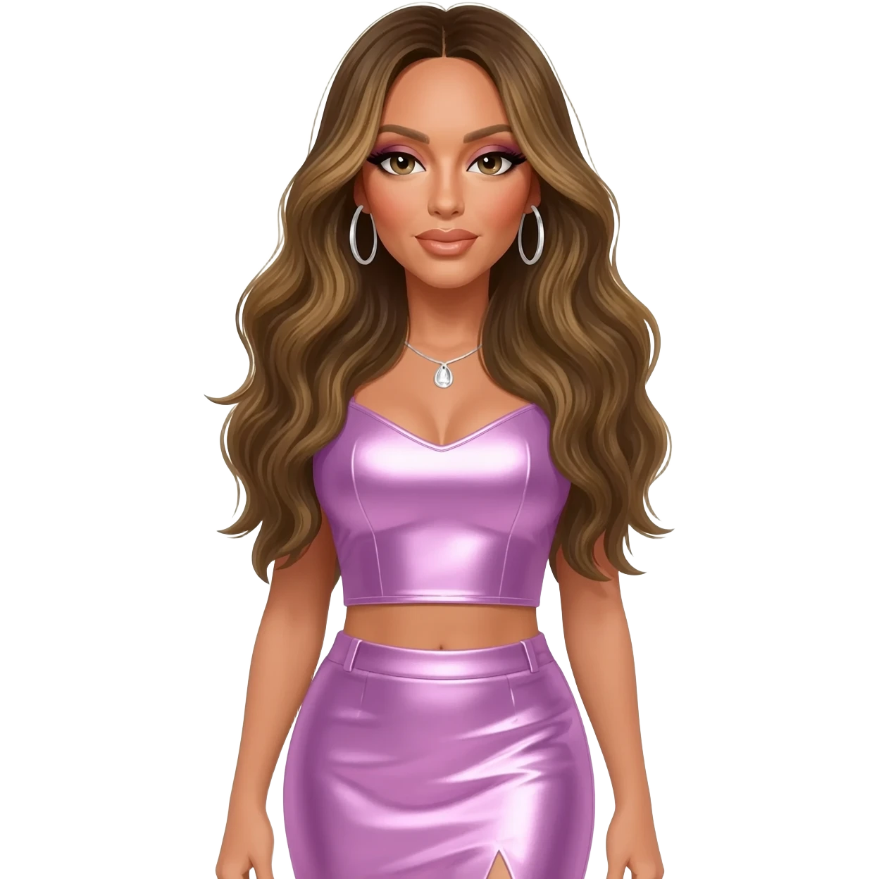 Mariah Carey with long dark blonde hair, lavender pink metallic crop top, lavender pink metallic skirt, silver earrings emoji