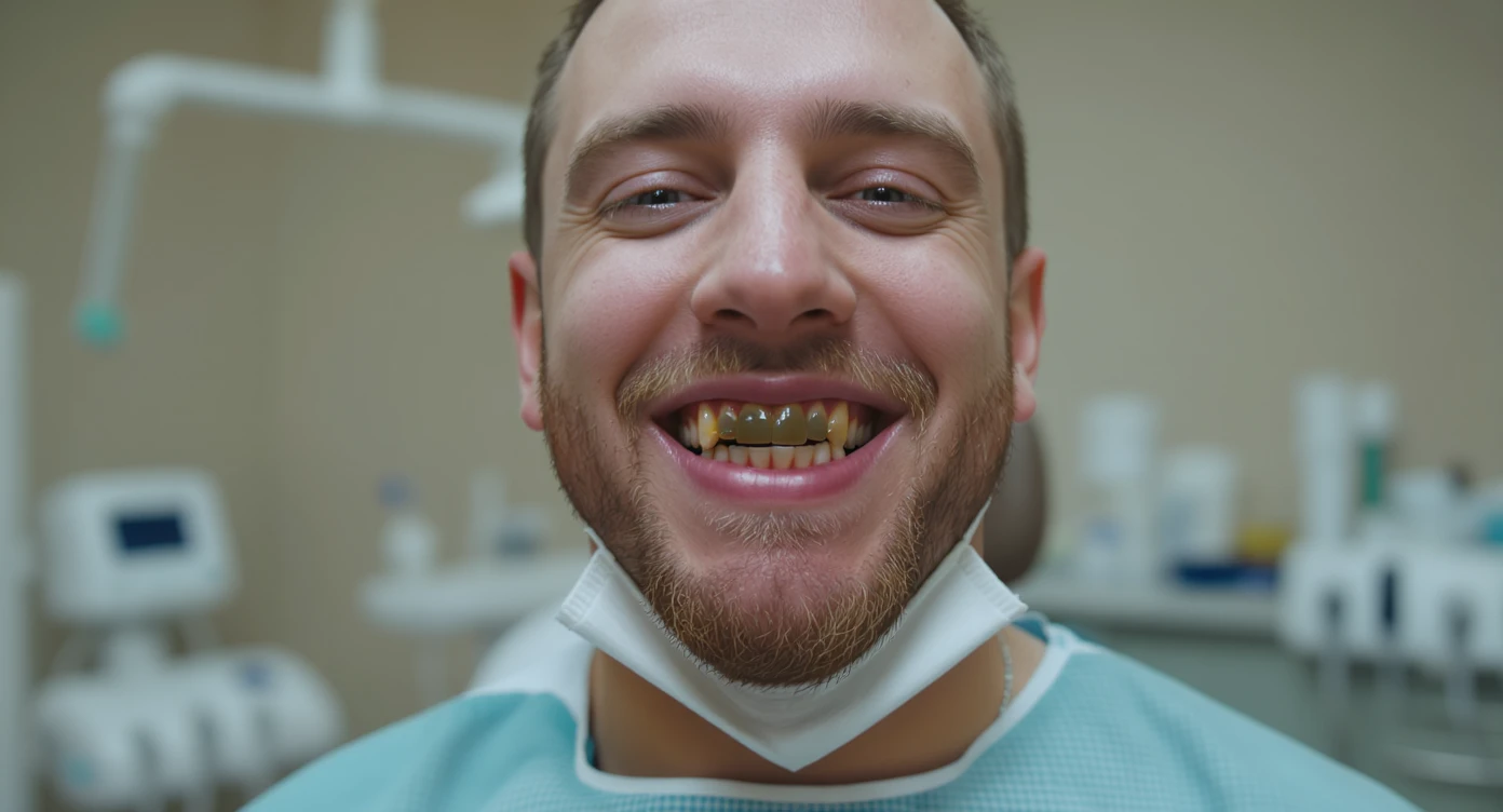 dentist smiling to camera with ugly teeth (bad and yellow teeth), cinematic shot, minimalistic clinic in background (doctor have only few teeths) emoji