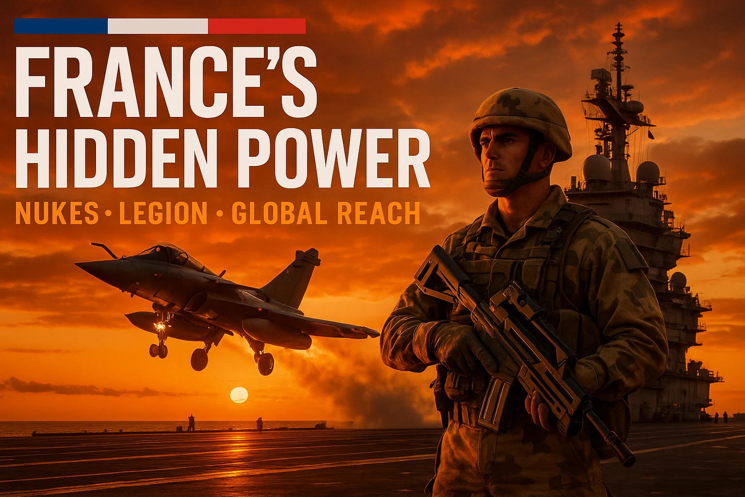 dramatic dusk shot of Rafale jet launching from Charles de Gaulle carrier with an orange sunset glow, foreground featuring a Foreign Legionnaire in desert camouflage holding a futuristic rifle, bold tricolor text 'FRANCE’S HIDDEN POWER' with subtext 'Nukes • Legion • Global Reach', epic composition, cinematic, 8K resolution emoji