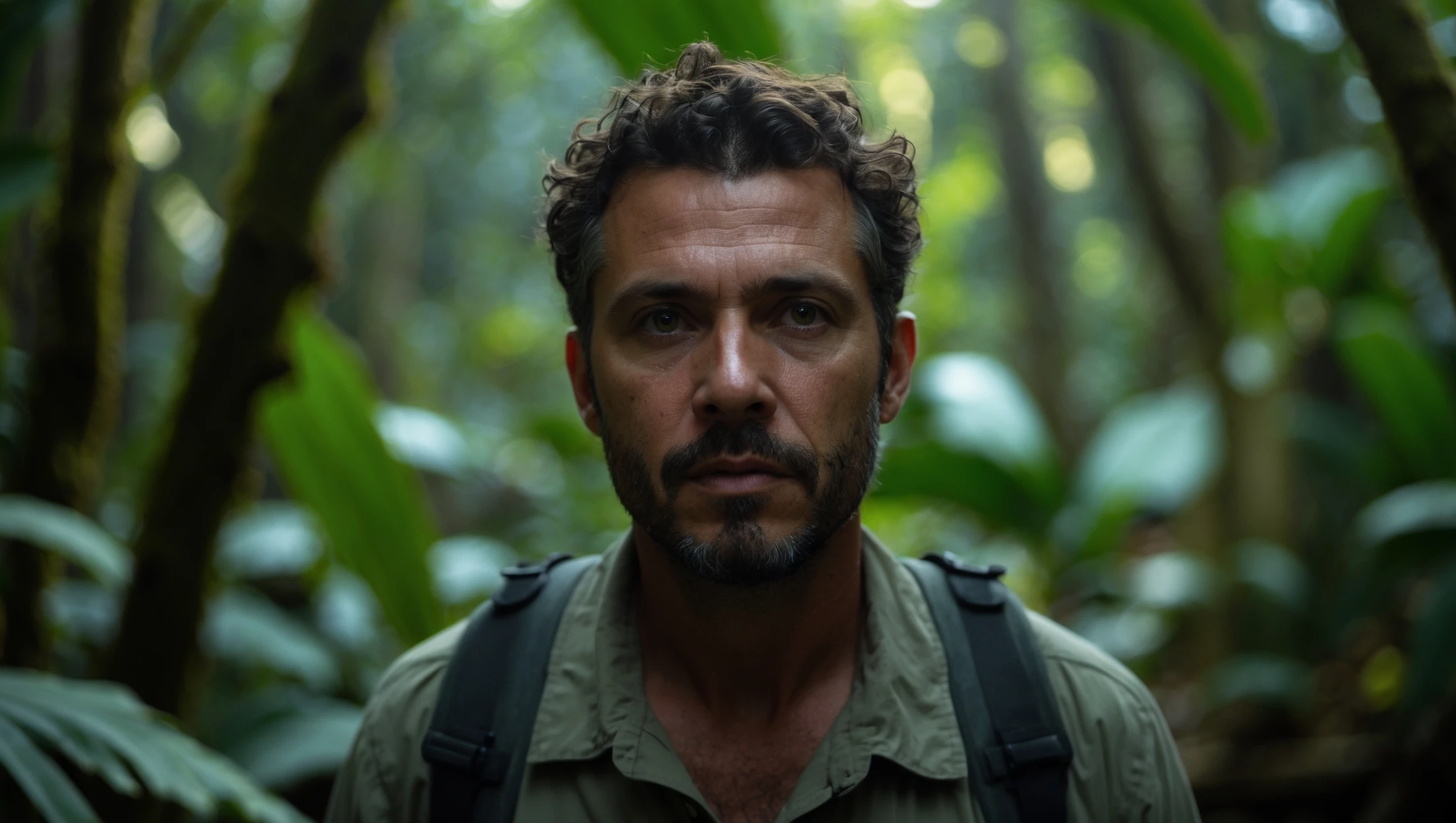 cinematic still, documentary photography, amazon jungle, well lit scene, man is exploring the jungle, close up, front shot, rule of thirds emoji
