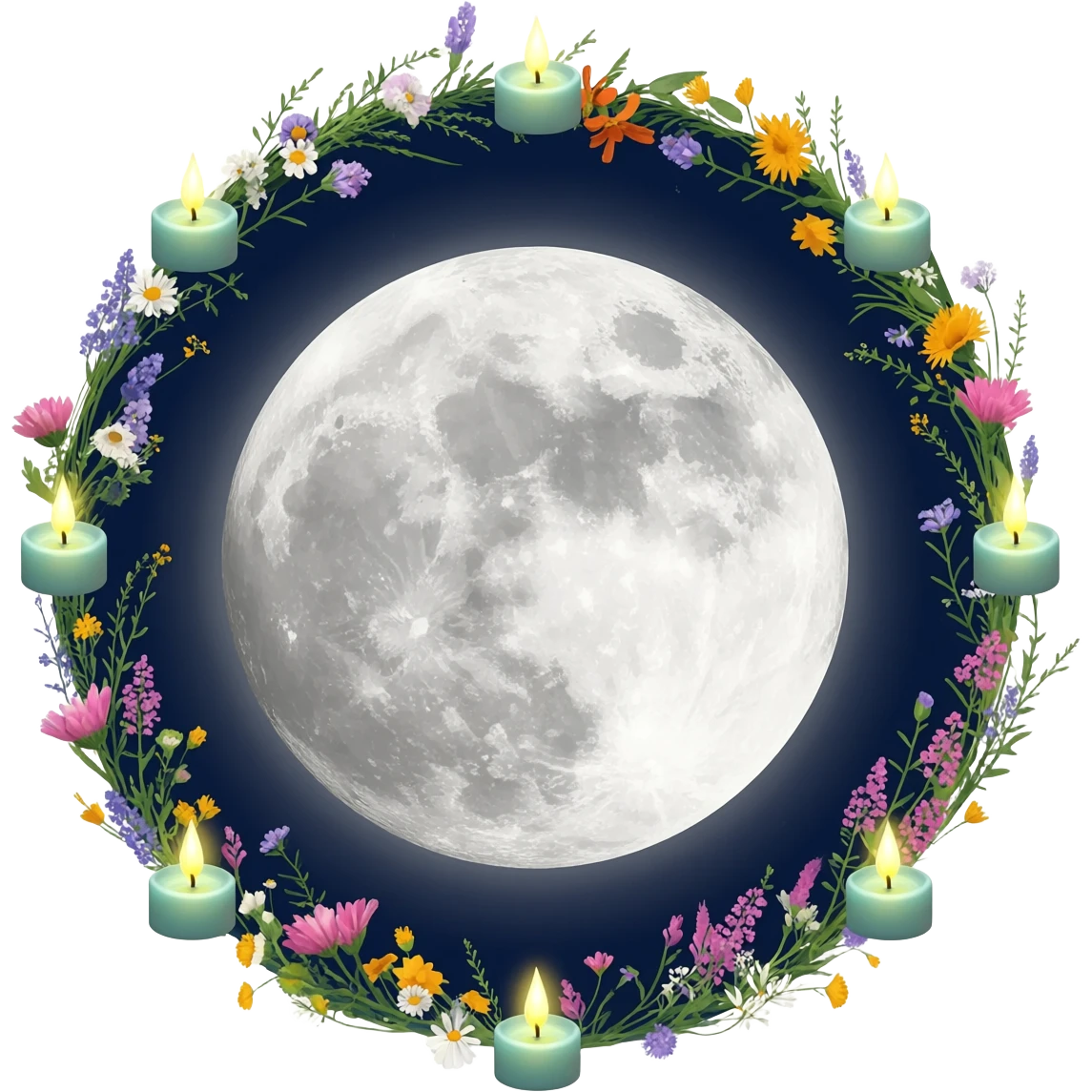 full moon with flowers and candles surrounding it. emoji