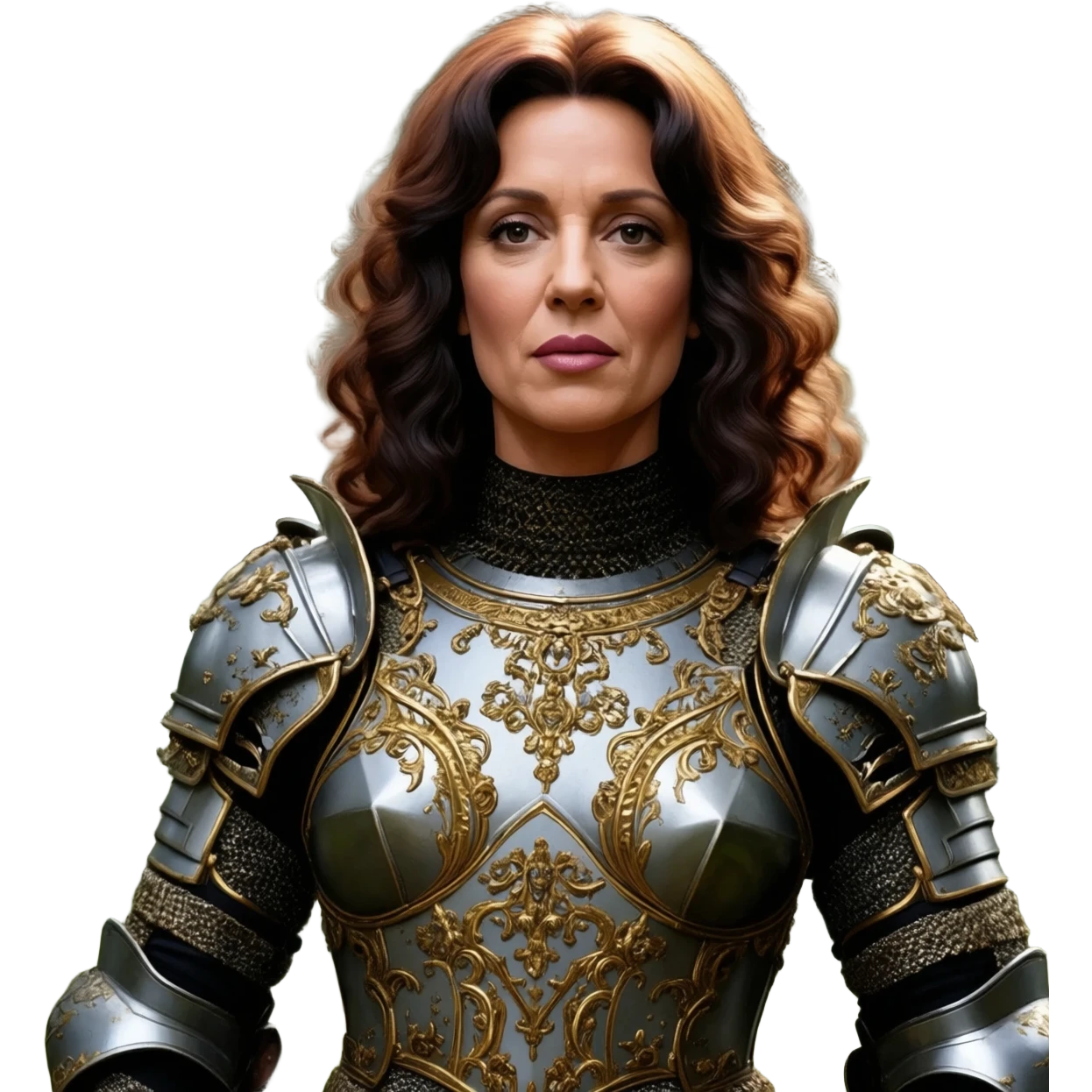 realistic cinematic actress Cher in baroque styling with armor in a forest emoji