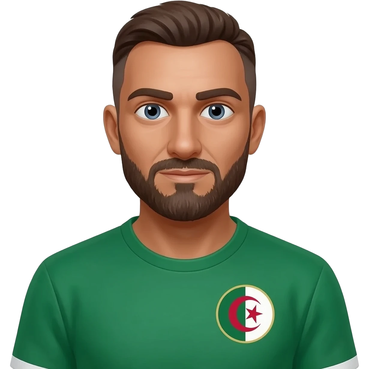 homme métisse algérien français peau claire 38 ans cheveux bruns petite calvitie et barbe avec maillot foot Algérie emoji