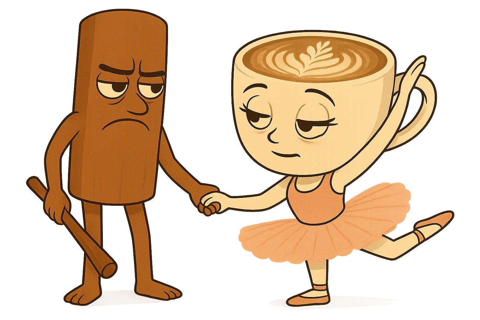 Keep the same quality and style as the reference image. Edit the coffee cup character to have a dreamy expression and the cinnamon stick character to have a grumpy expression. emoji