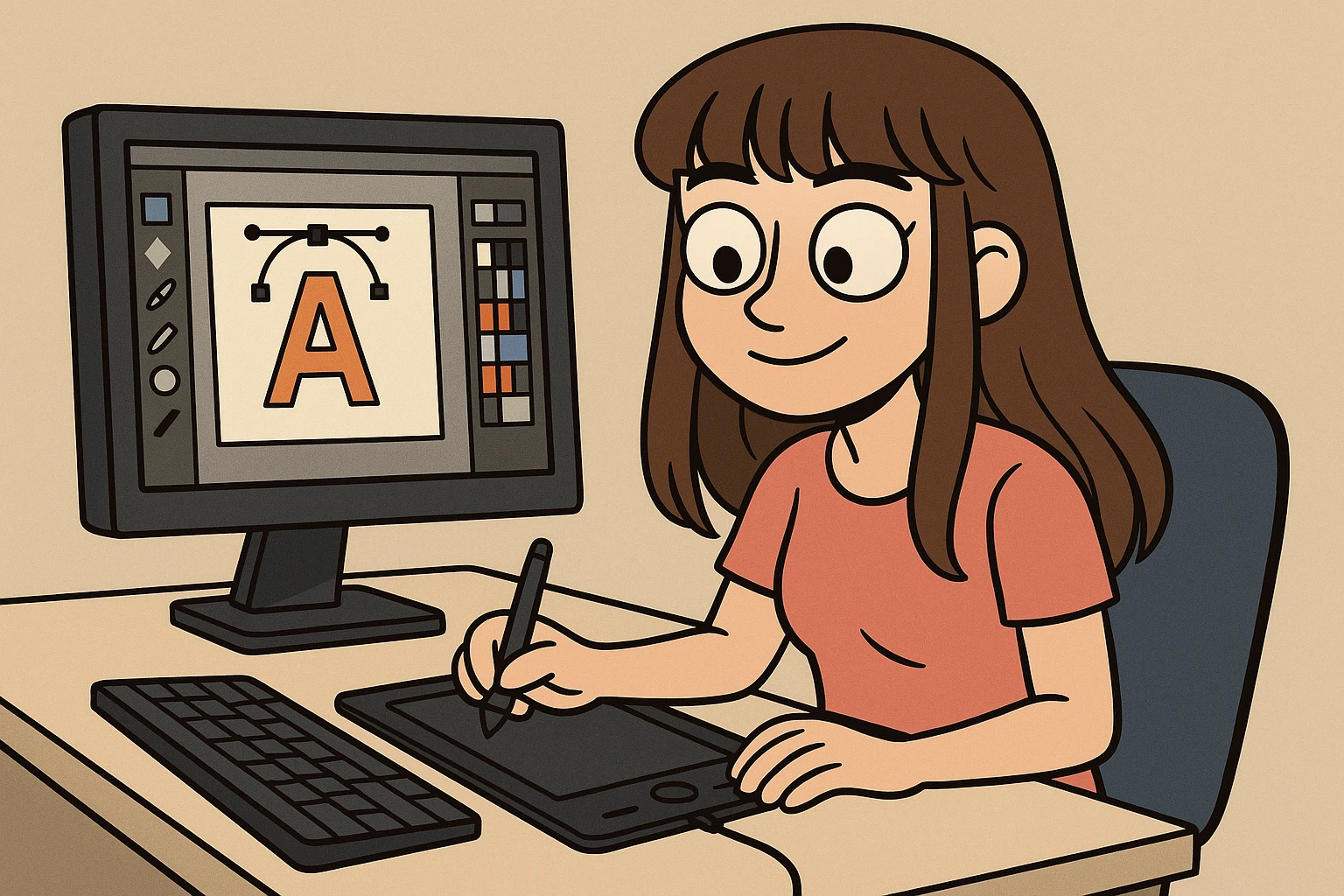 a girl graphic designer with long brown hair and bangs, brown eyes, working at a computer, flat toon style emoji