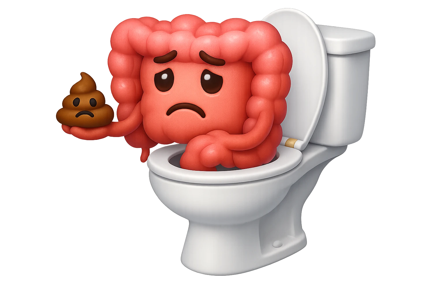 emoji stile iphone di un intestino che esce dal wc con in mano una montagnetta di feci con espressione triste a palline emoji