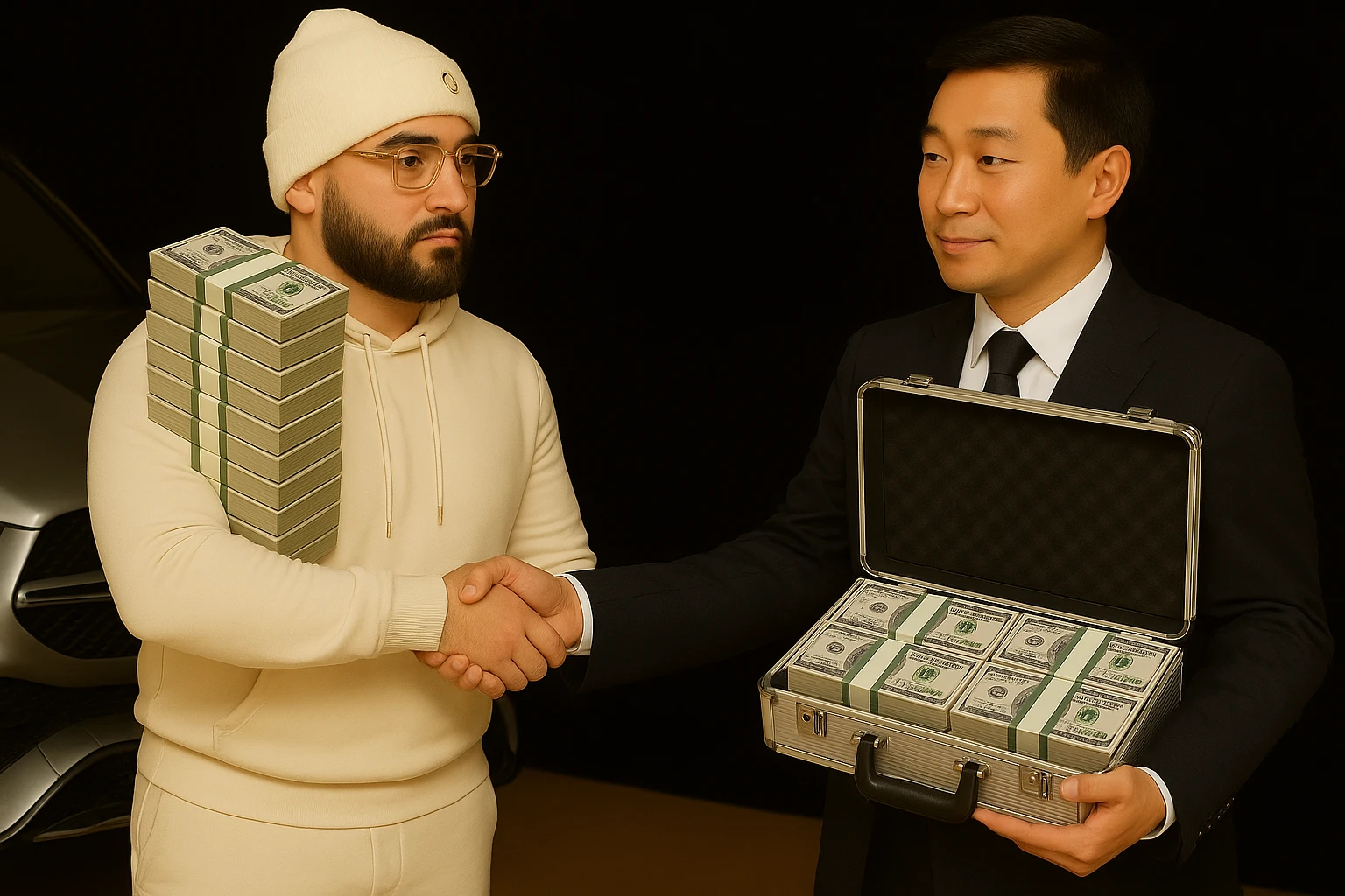 Edit the image of the Asian man holding a briefcase so that the briefcase is filled with US money instead of Chinese money. Keep the Cartier glasses on the man in the white hoodie and maintain the car in the background as is. Preserve the overall style and details of the original image. emoji