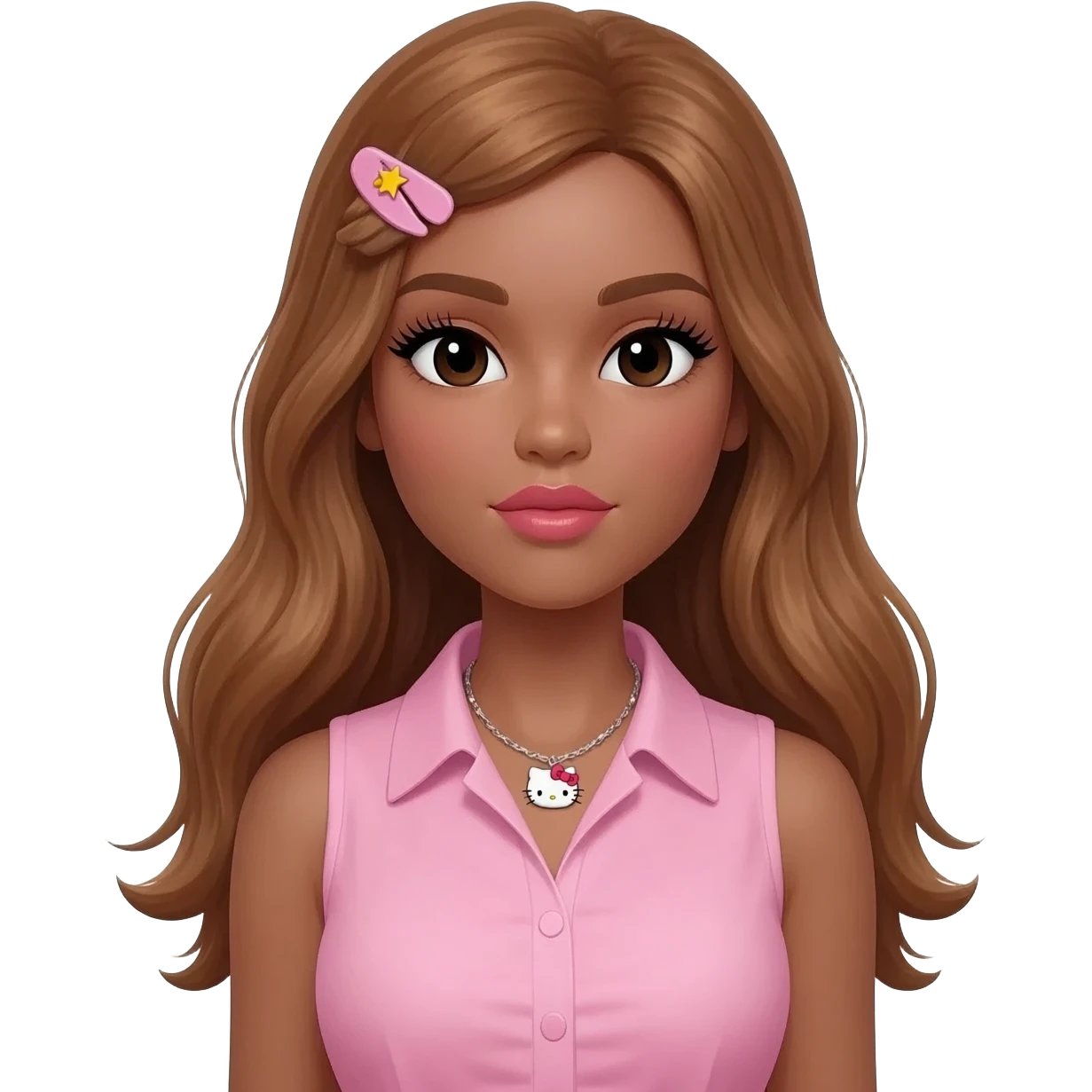 Long lashes, my melody hairclip, Doll faced shaped, hello kitty necklace, bimbo, black doll eyes, Big lips barbie, long dark brown skin with honey brown hair, light pink sleeveless shirt, big breast emoji