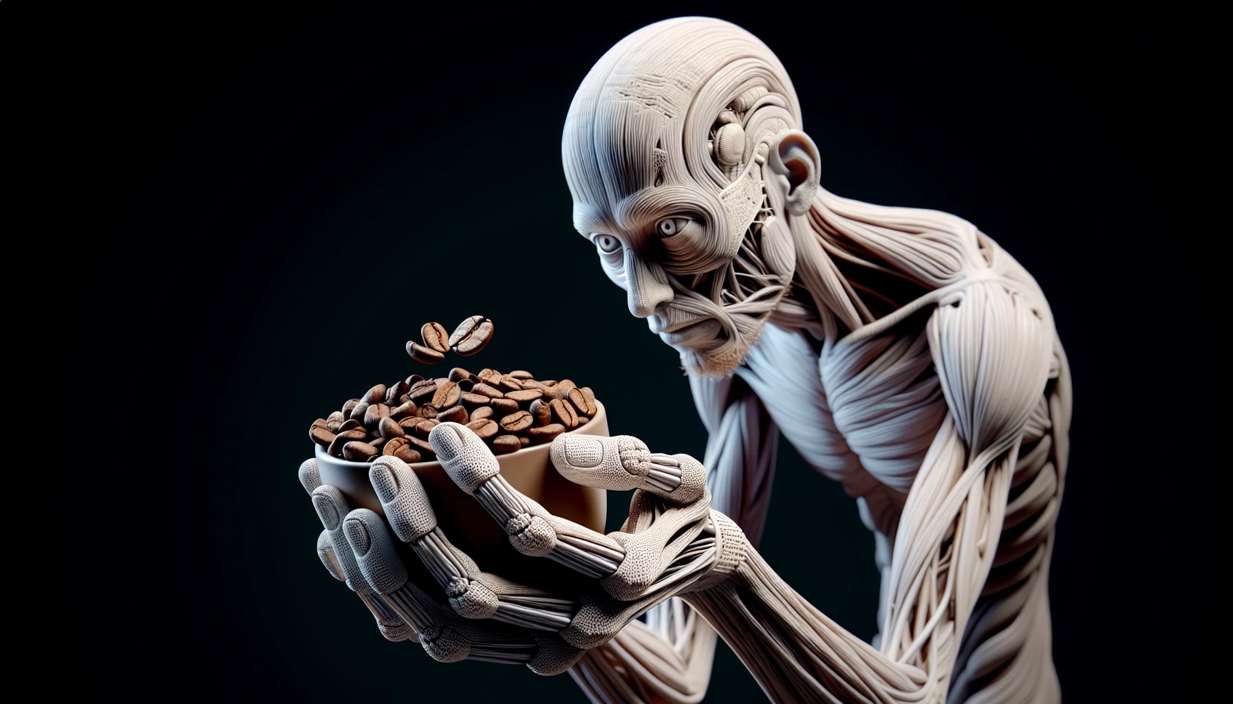 corpo umano anatomico che tiene in mano una manciata di chicchi di caffè e la guarda come se fosse dipendente da essa, stralunato, iperrealistico 4k emoji