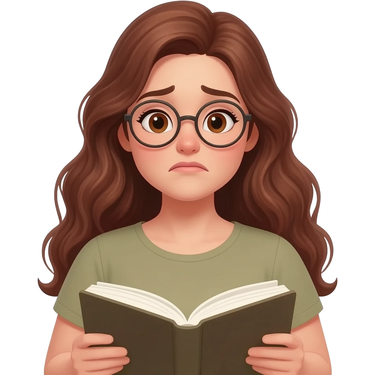 detailed emoji illustration of a curvy woman with long chestnut brown wavy hair, light brown eyes and round glasses reading a book with an emotional expression, touched by the story, emoji style emoji