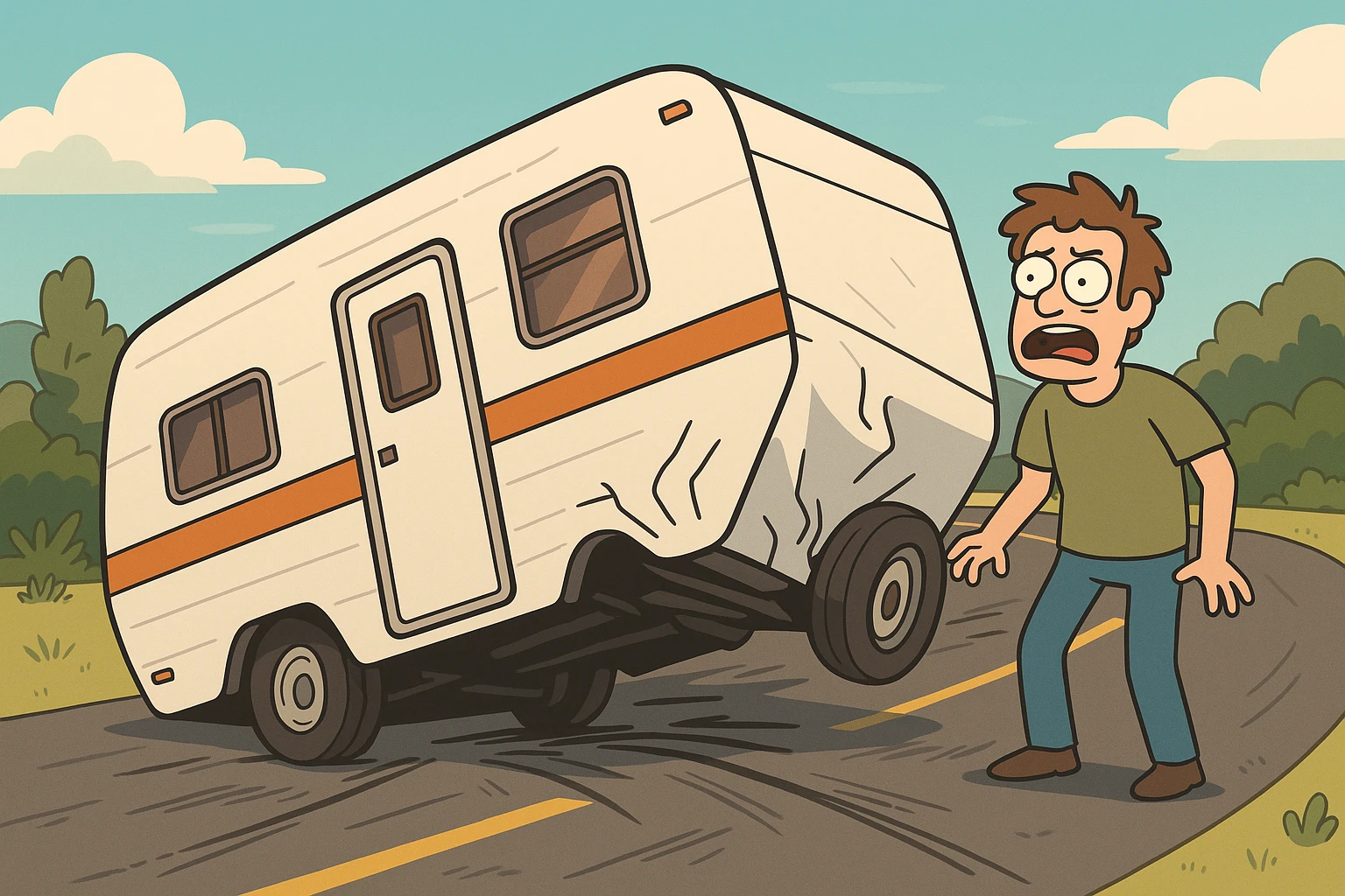 a trailer crashed on a road, cartoon style, vibrant colors, clear scene emoji