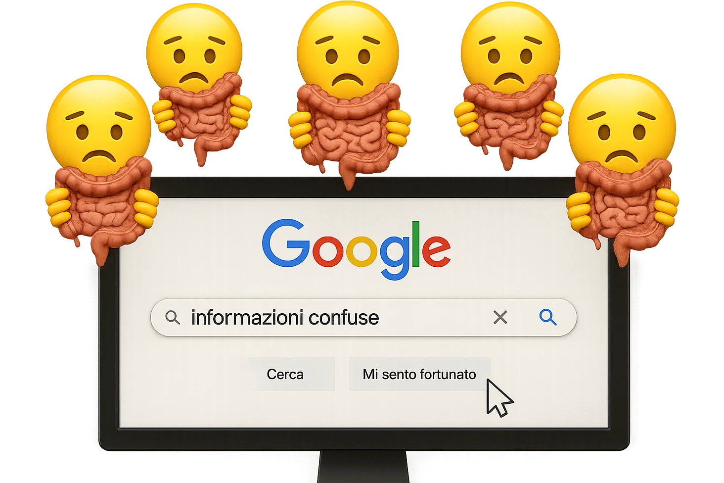 SCHERMO DI PC CON LA SCRITTA "informazioni confuse" SULLA BARRA DI RICERCA GOOGLE SULLO SCHERMO E IL CLICK DEL MOUSE SULLA SCRITTA CERCA, stile emoji iphone fluttuano in aria stringendo in mano un pezzo di colon intestinale, iperrealistico 4k emoji