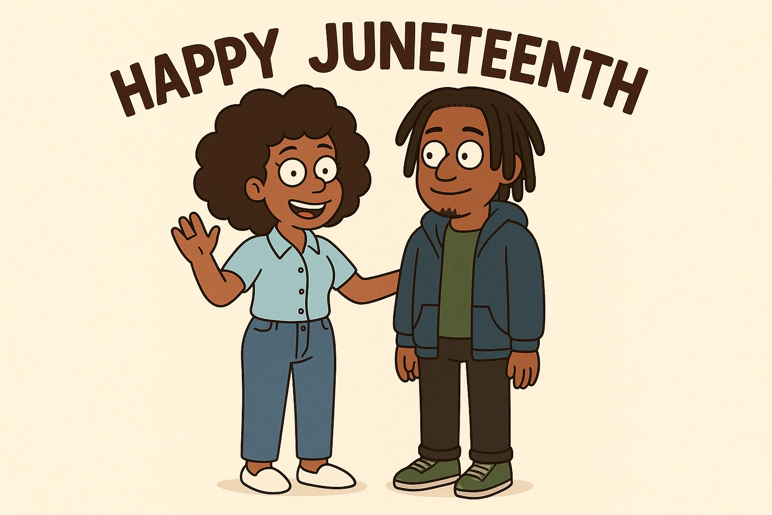A woman Kinky hair light blue shirt blue jeans white shoes boy Dreadlocks dark brown hair green shuts navy blue zip up hoodie black jeans green shoes Bob Marley Vanessa Nakate Mae Jemison Happy JUNETEENTH emoji