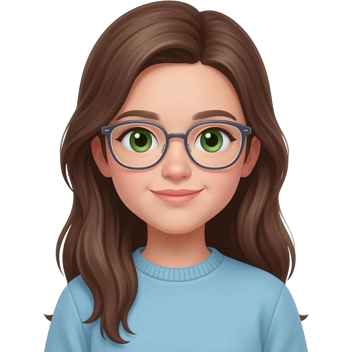 15 year old girl,long  brown hair, clear glasses, and green  brown  eyes, and her in a computer, with a light blue lululemon sweater emoji