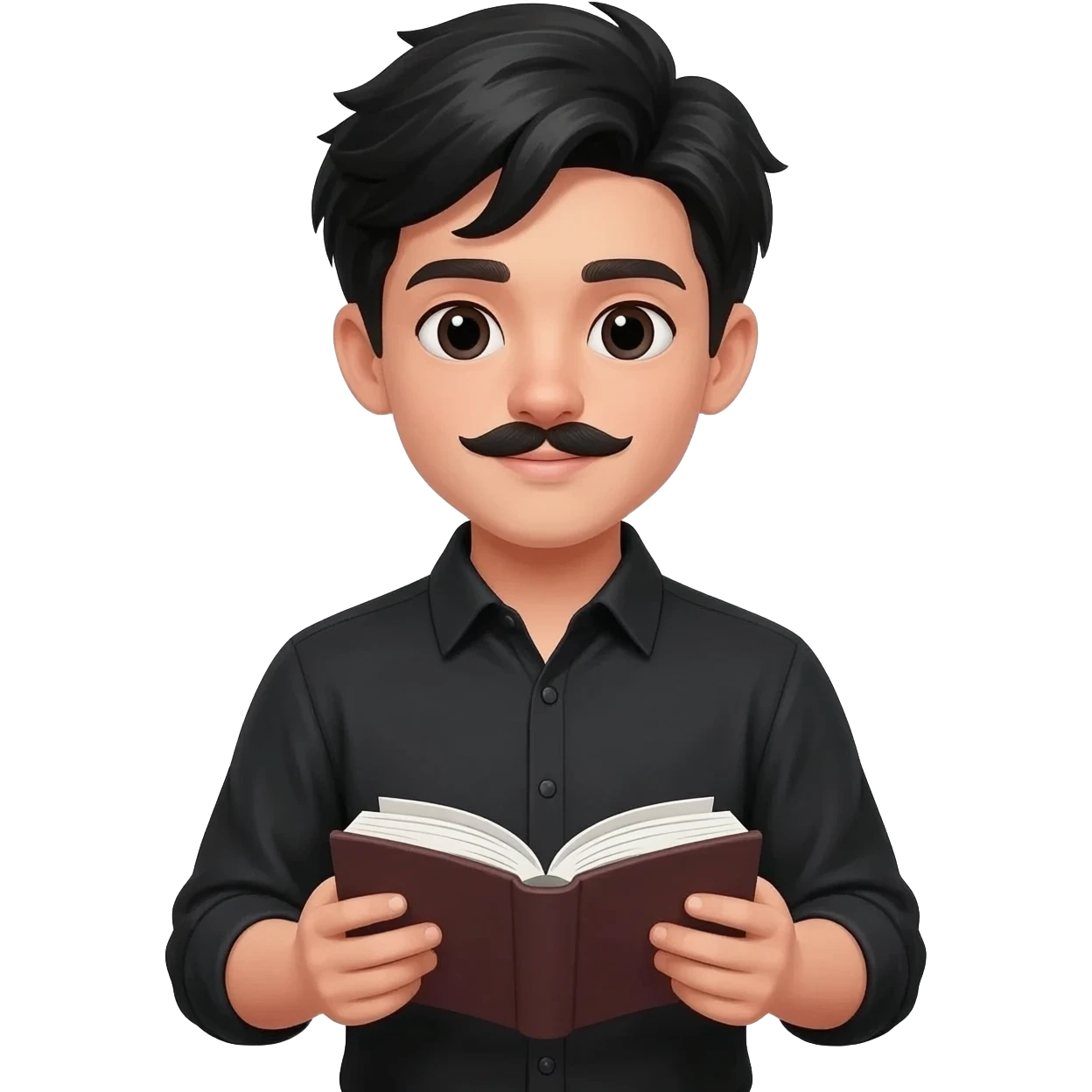 create emoji of boy with fair skin, middle parted hair black, mustache, wearing a full sleeved black shirt and holding an accounts book emoji