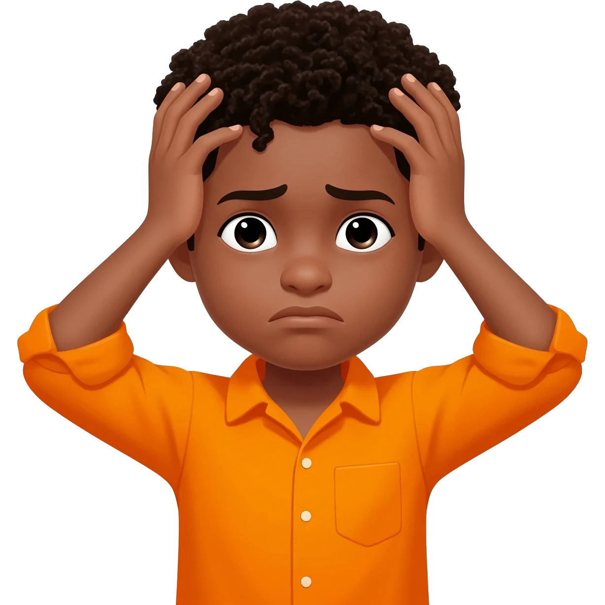 black boy curly hair orange shirt overwhelmed hands on head emoji