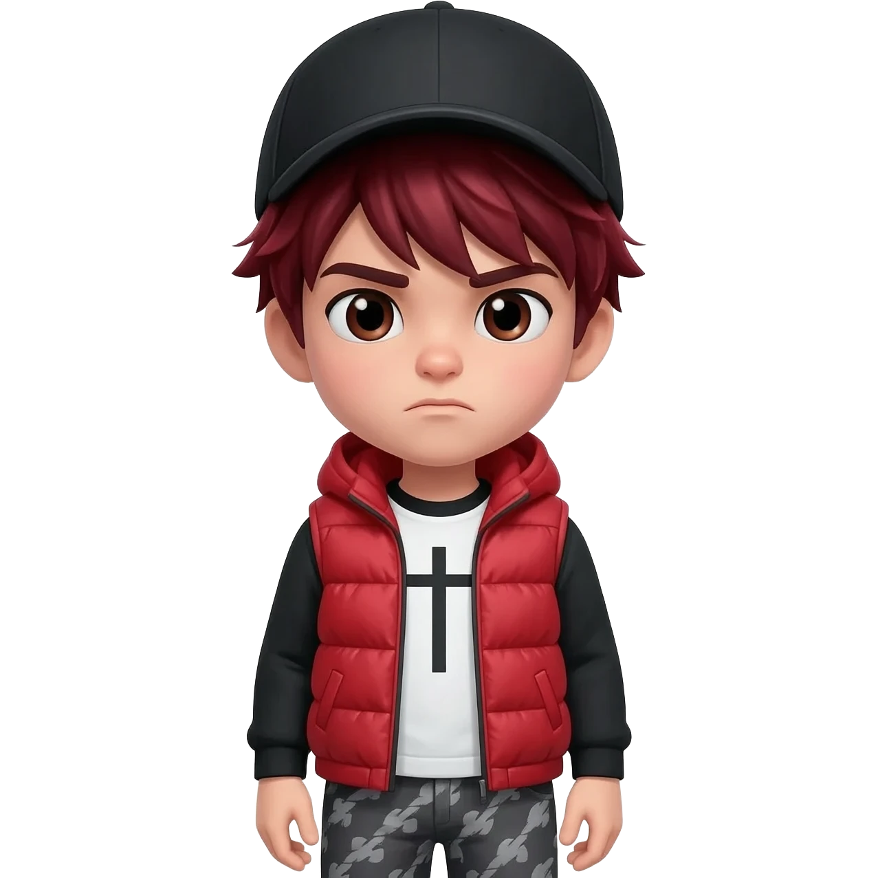 Cool Roblox boy avatar emoji, messy dark red hair, black cap, serious expression, red puffer vest, black long sleeves, white shirt with black cross design, gray patterned pants, stylish gamer vibe, 3D cartoon style, cute gaming emoji, bright lighting emoji