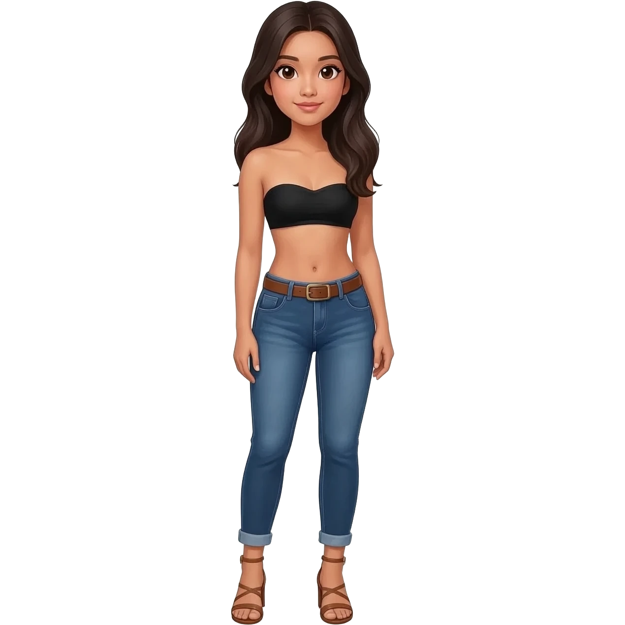 Filipino girl black bra strapless top and low waisted denim jeans with brown belt with feet stand straight body wear pageant high heels sandals brown emoji