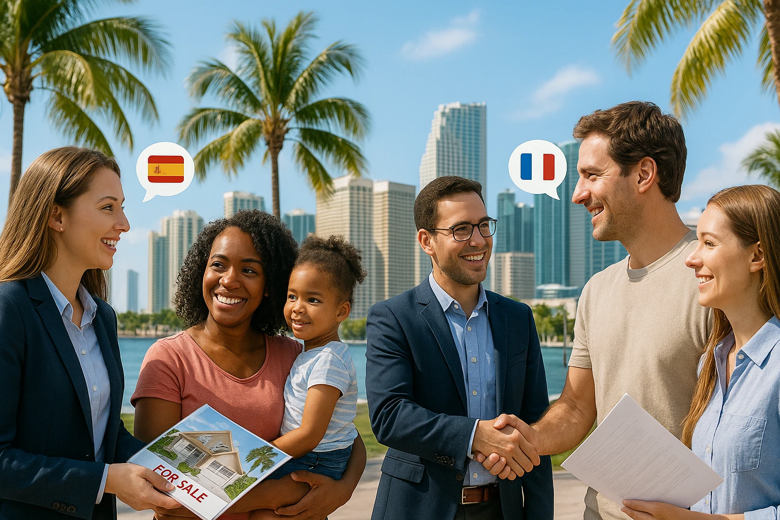 Foto hiper realista que refleje a nuestro cliente ideal de real estate: Profesionales y familias en transición Que desean mudarse a Miami o adquirir una segunda residencia, guiados por un equipo que habla su idioma —literal y figurativamente. emoji