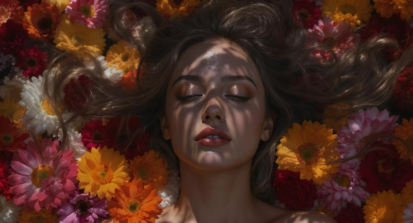 Camera drom top, Extreme Closeup photo of a beautifull woman lay around beautifull colorfull flowers, cinematic light, 8K, very detailed, sharp emoji