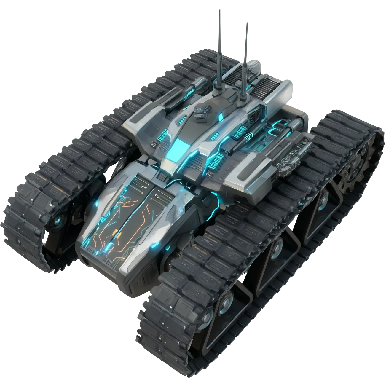 A top down view of a robot with tank tracks, in a cyber punk futuristic style far beyond what is currently available today, from the year 3000, the camera needs to be directly above the robot looking down emoji