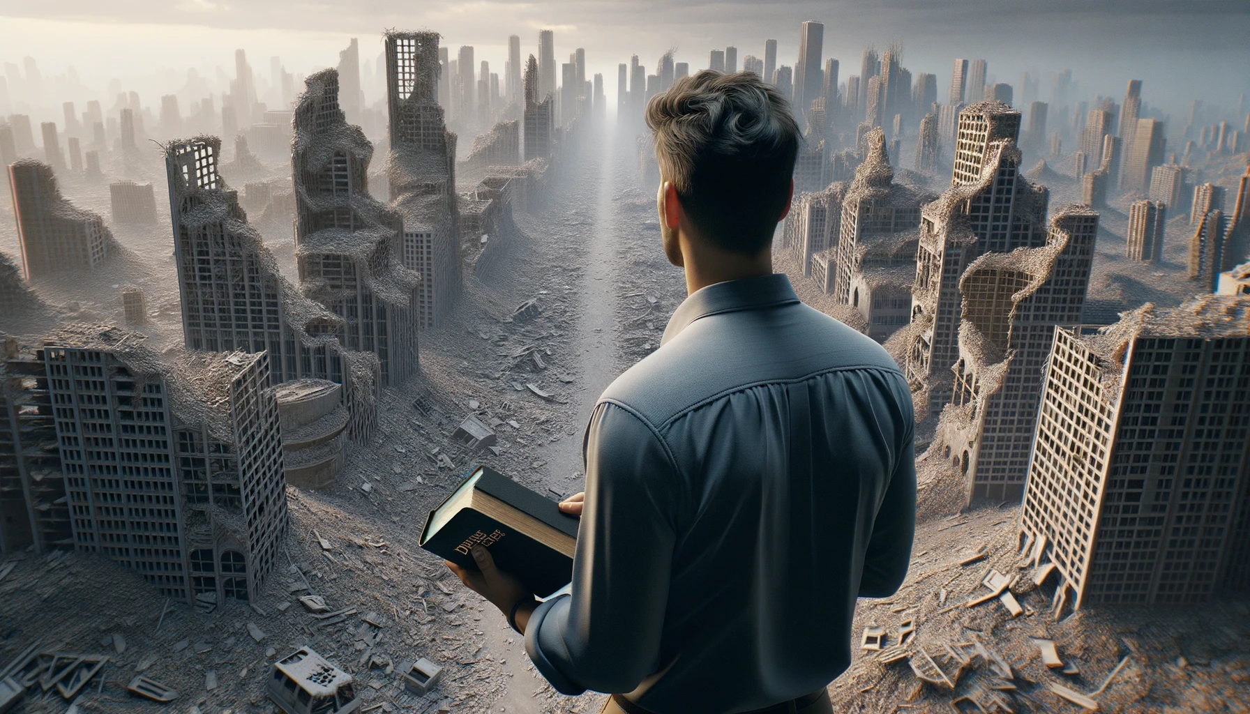 UOMO DI SPALLE DAVANTI AD UNA CITTà SMANTELLATA SENZA MURA CON UNA BIBBIA IN MANO, GUARDA LA CITTà, IPERREALISTICO 4K emoji