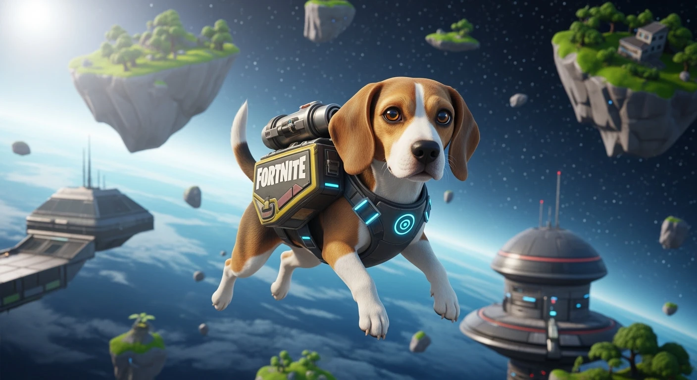 Cinematic still of a dog in fortnite game world in space emoji