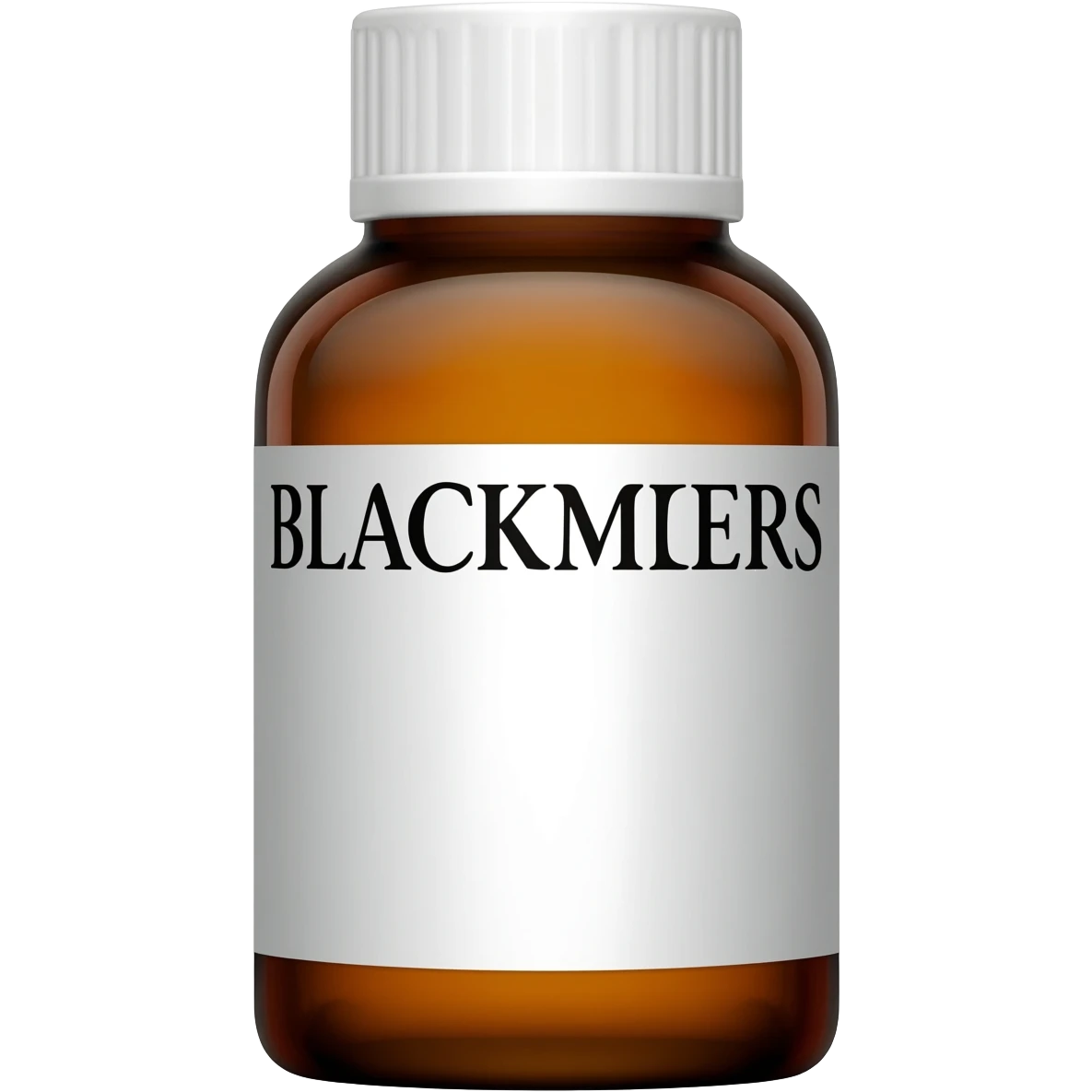 Studio product photo of an amber glass supplement bottle with a white cap, minimalist white label showing only “BLACKMORES” in bold black text, centered, soft shadow, ultra-realistic. emoji