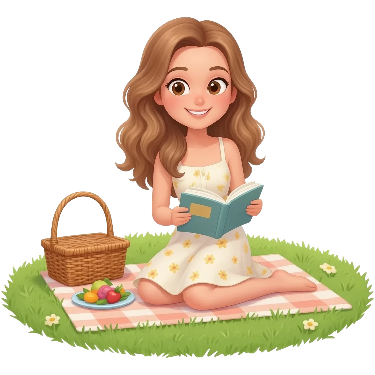 detailed emoji scene of a woman with long light brown wavy hair and light brown eyes reading a book while sitting in the grass, peaceful picnic atmosphere, emoji style illustration emoji