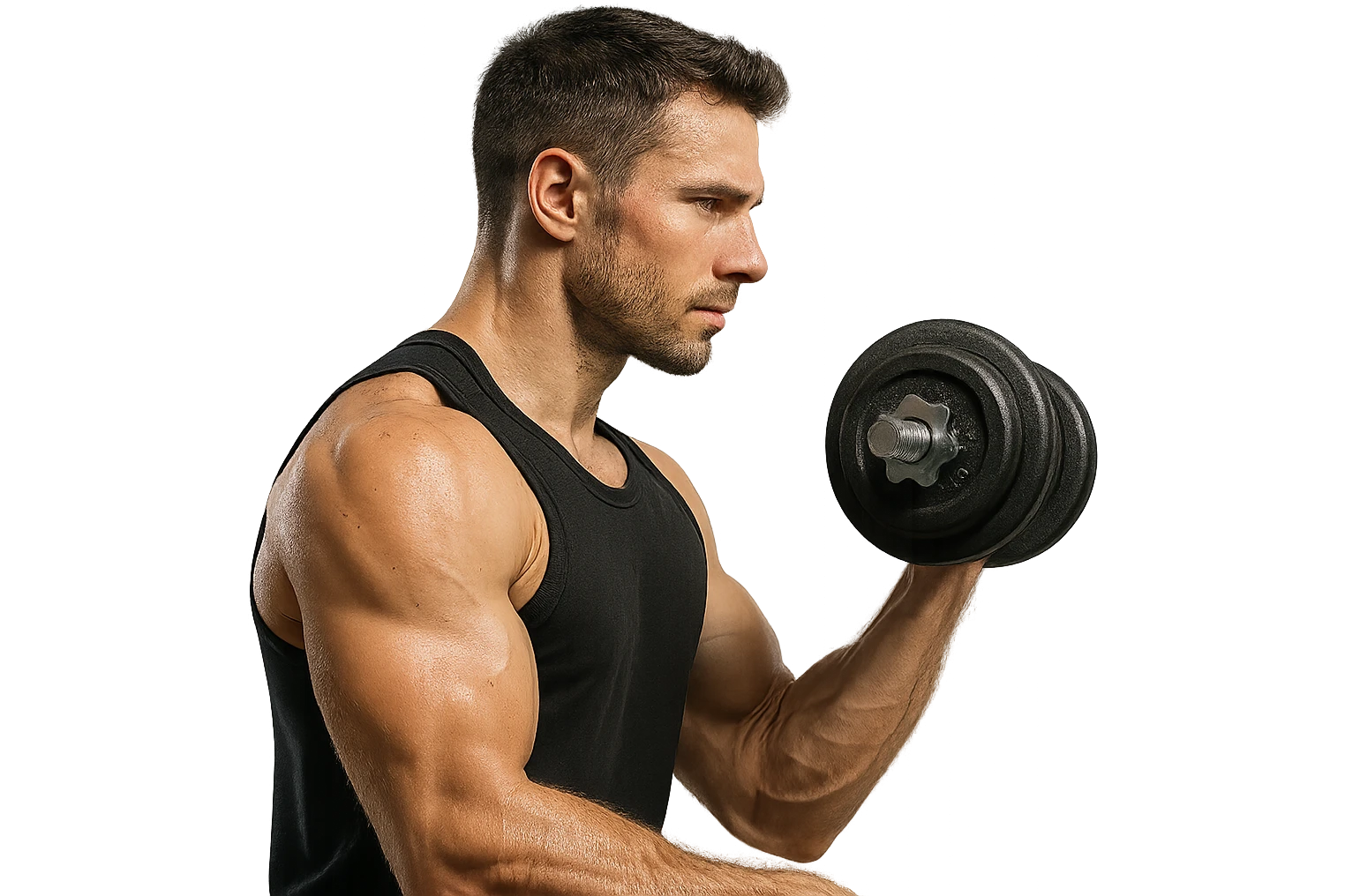 uomo fitness di profilo con manubrio da palestra in mano, iperrealistico 4k emoji
