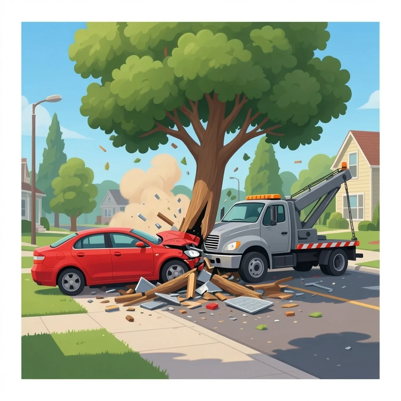 A Car with a tow truck crash into a B.I.G Tree emoji