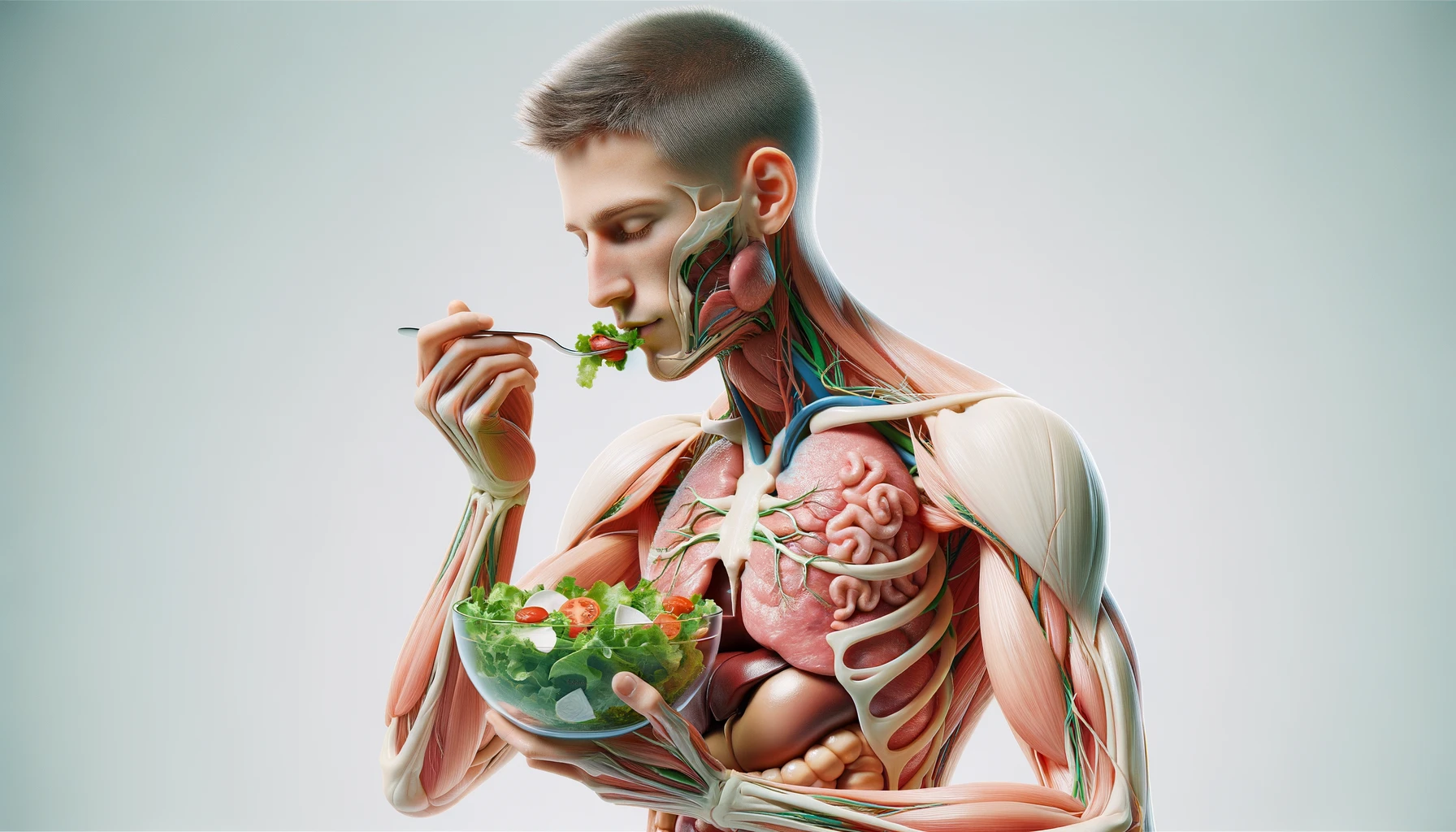corpo umano anatomico con capelli corti che mangia un insalata con espressione serena in volto, organi sani in evidenza, iperrealistica 4k, isolato su sfondo bianco emoji
