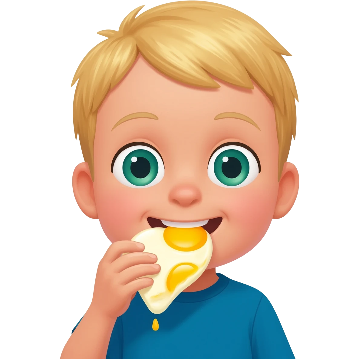Use the same 3 year old blonde boy with green-blueish as before eyes happy eating scrambled eggs for breakfast emoji