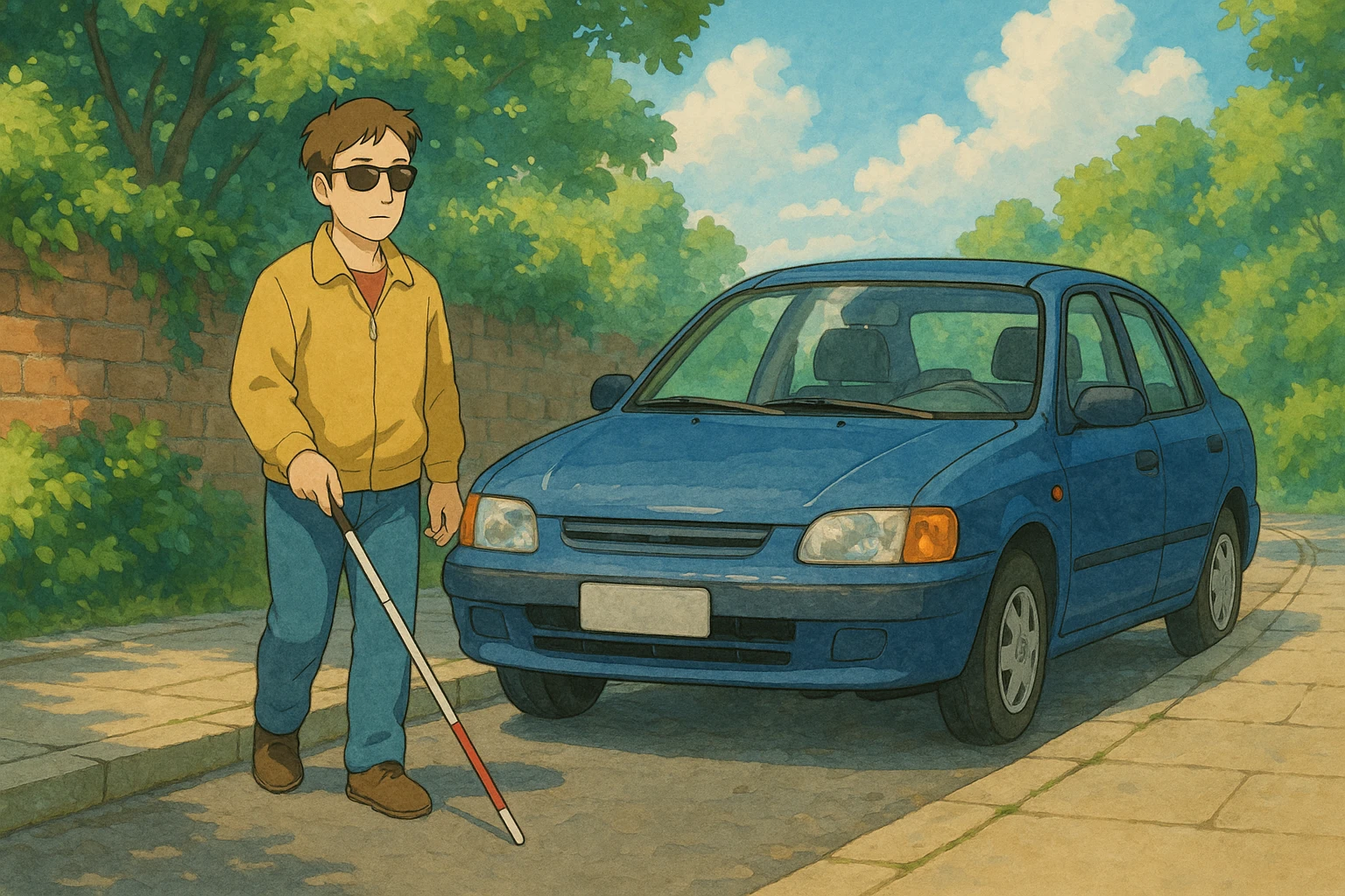 a blind person with a white cane walking on a pavement, but a car is parked blocking the path, ghibli style emoji