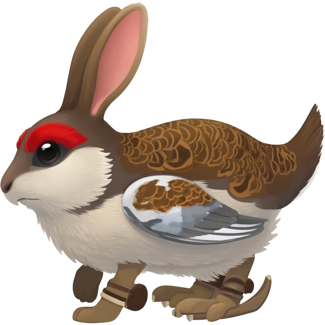 Rock Ptarmigan-Snowshoe-Hare-Koi-Fish-Pokémon-Fakémon-Animal-hybrid, full body, with red marking over eye emoji