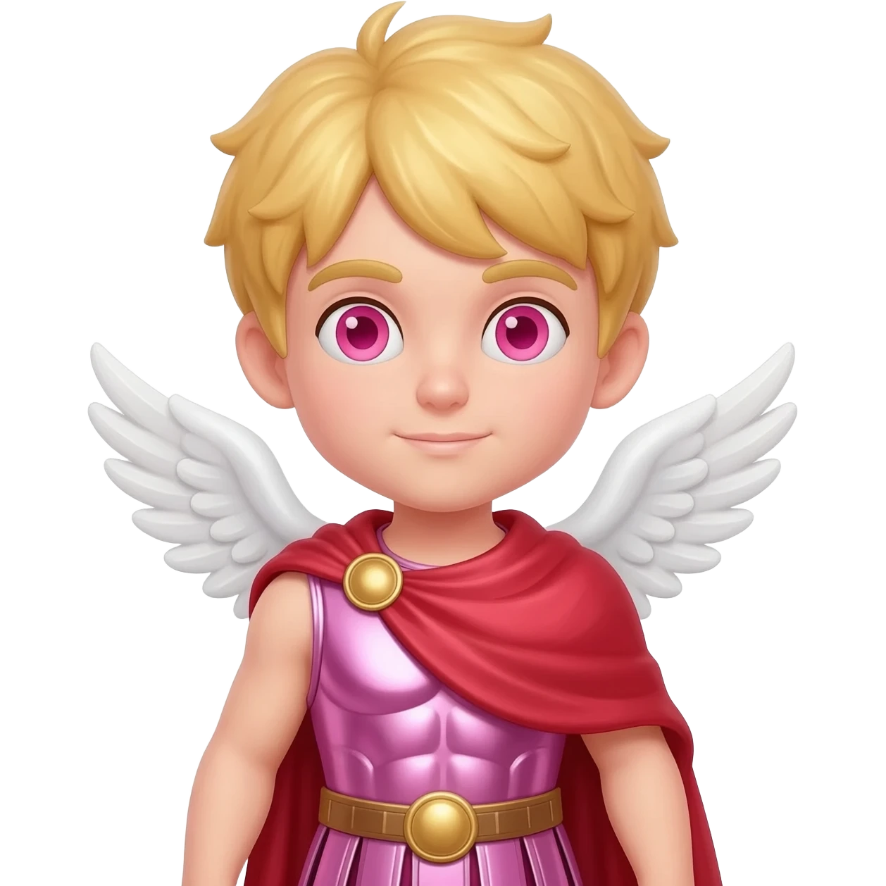 Cupid from Roman Mythology with rose-pink eyes, blonde hair, pink metallic tunic, red metallic cloak emoji