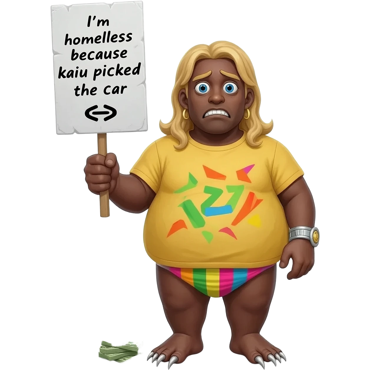 a weird ah emoji with nasty feet with long blond hair and he looks homelessand he is holding a sign that say I'm homeless because kaiu picked the car and he has zesty close and he is gay and he has a small stack of money and is super short and is black and has a super long toes and is fat emoji