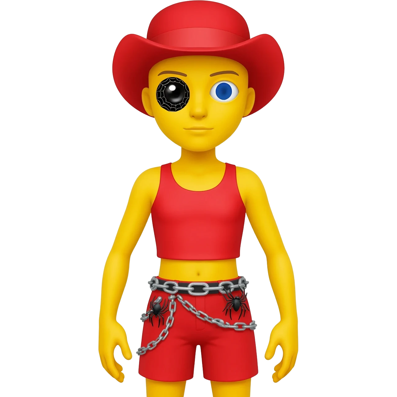 Make a yellow character with a black spider eye and a normal eye and a red top and shorts and a grey spider chain and a red hat emoji