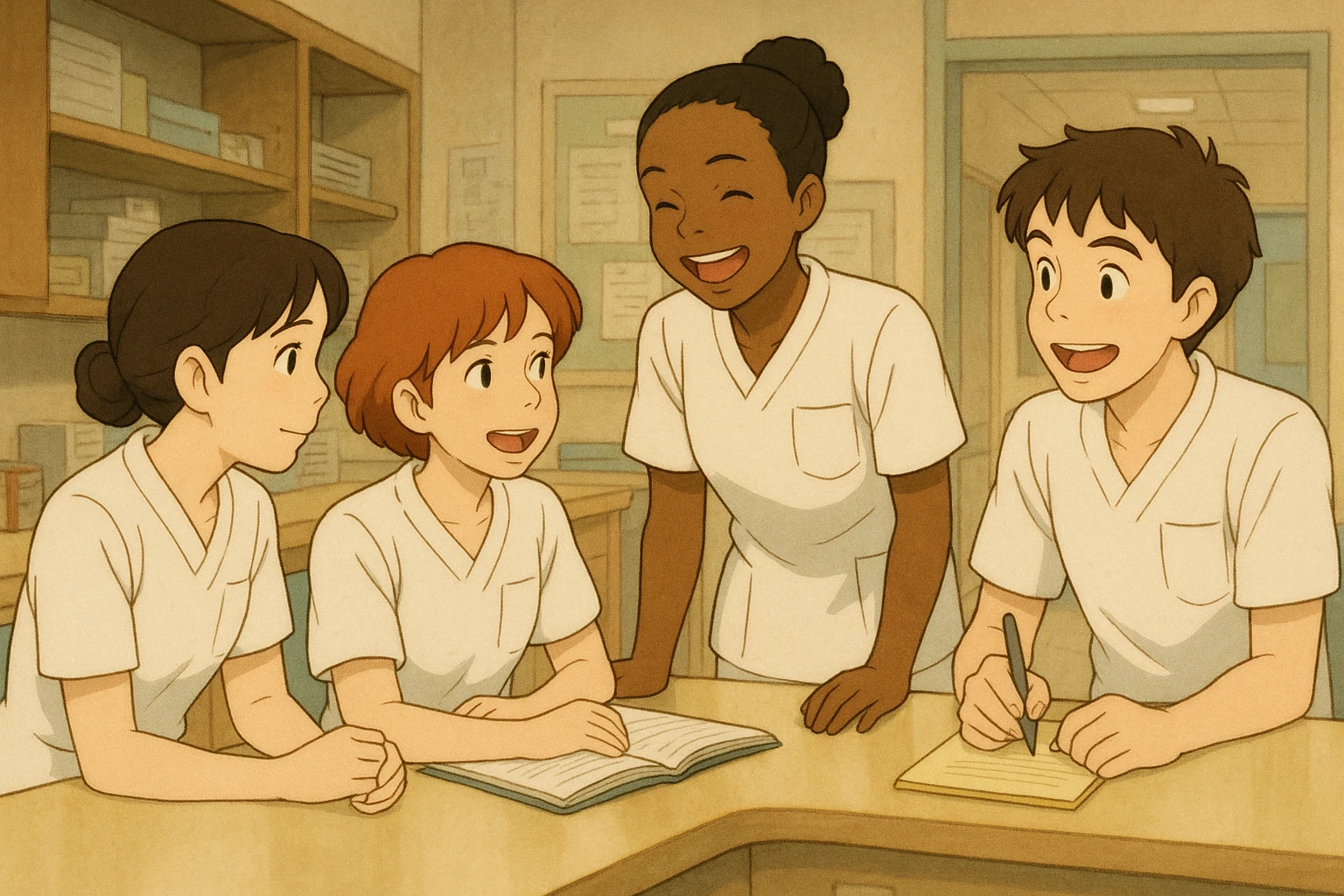 Four nursing students inspired by photos, collaborating warmly in a care station, Ghibli style. White short-sleeve uniforms, medical tunics with V-neck, left chest pocket, no classic collar, no stethoscopes, sleeves neat. Natural interaction in care station setting, warm team atmosphere. emoji