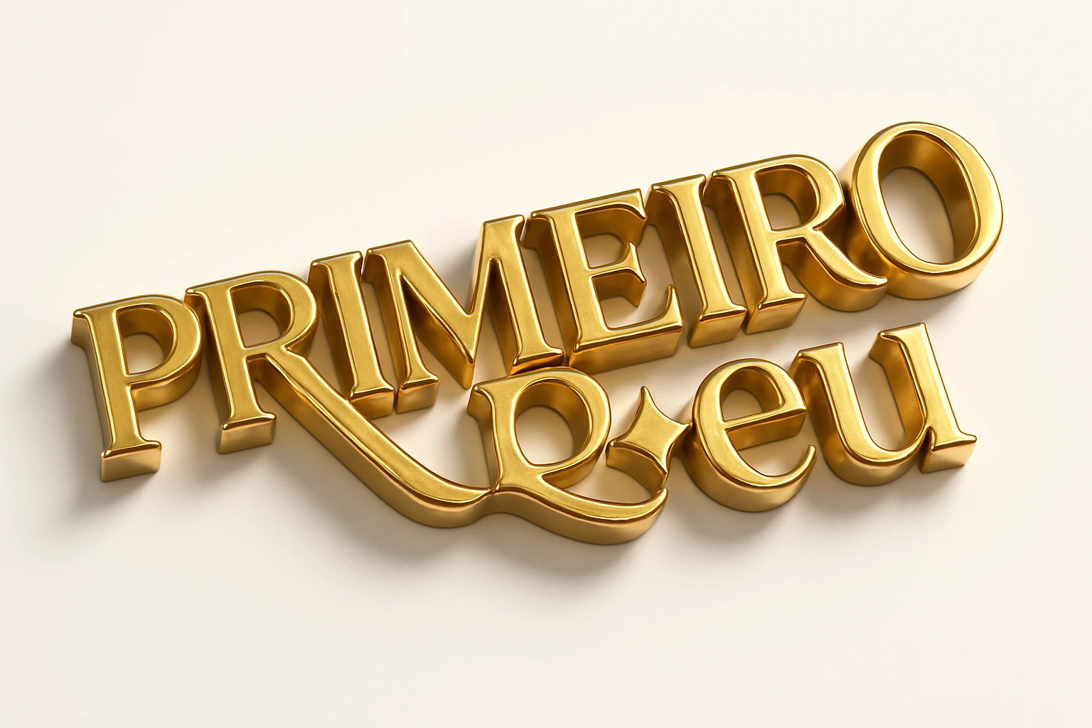 Golden metallic text that reads 'PRIMEIRO ✦ eu' in a serif font, with the words 'PRIMEIRO' and 'eu' separated by a diamond-shaped sparkle or glowing star symbol. The 'R' in 'PRIMEIRO' should have a long elegant tail that curves underneath the 'O'. d. Keep the font and layout exactly as shown in the original reference. emoji