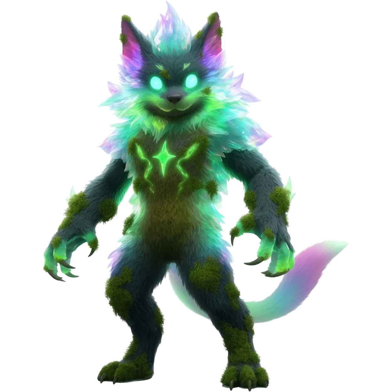 Realistic Sharp mossy elemental detailed Colorful translucent luminescent glowing Trico-Noibat-batty-Sergal-Furret-Ferret-Wolverine-Vernid-furry-fursona-fusion-Fakemon-animal-hybrid-creature, full body emoji