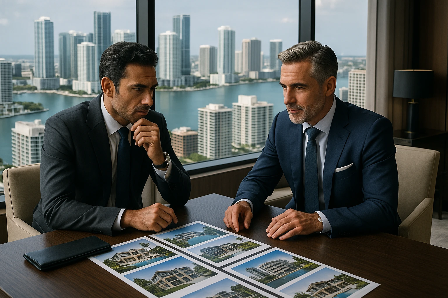 Foto hiper realista que refleje a nuestro cliente ideal de real estate: Empresarios y propietarios internacionales que necesitan vender, reinvertir o diversificar su portafolio en propiedades residenciales o comerciales en Miami, con absoluta confidencialidad y criterio. emoji